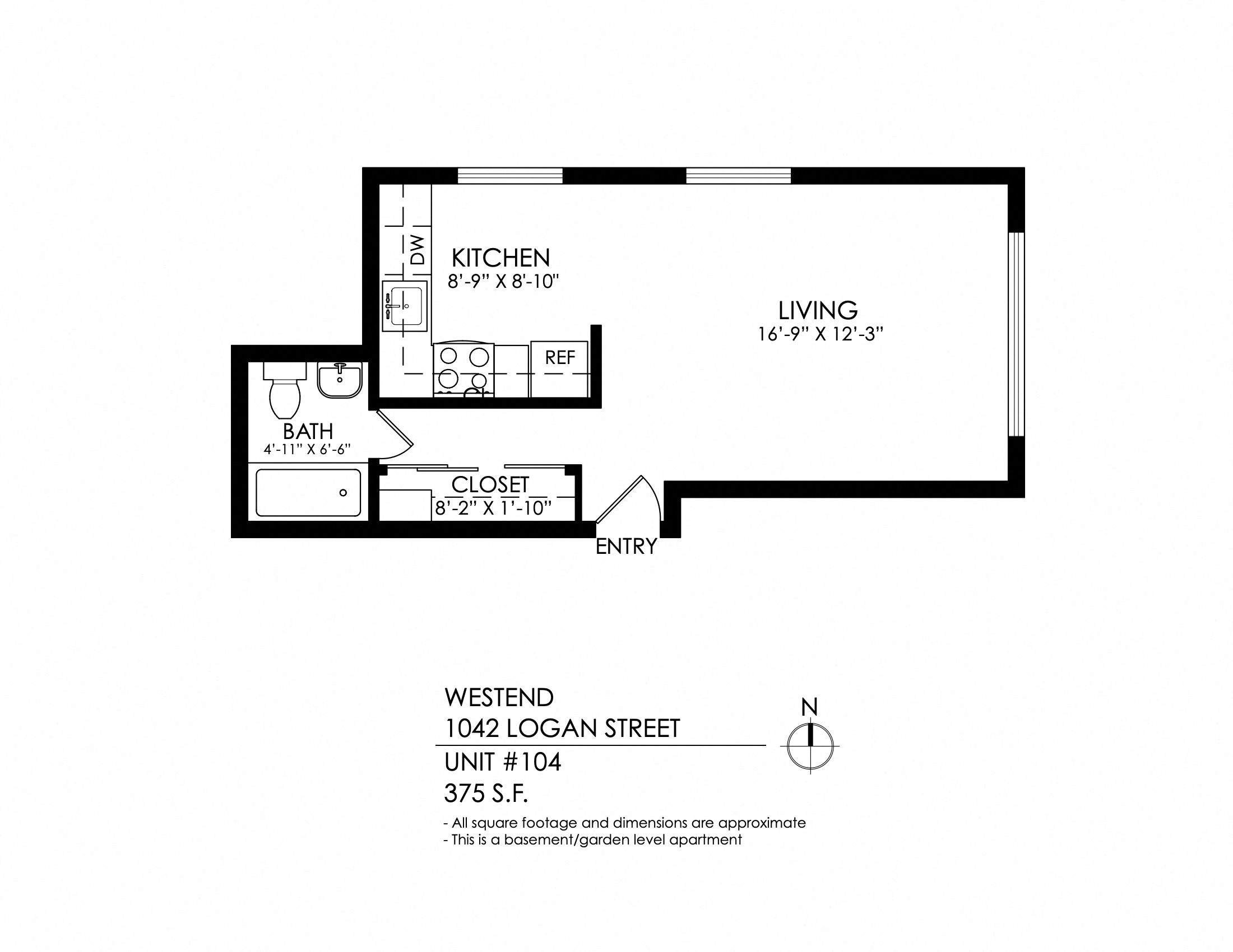 Floor plan for studio, 1 bath, 375 sqft